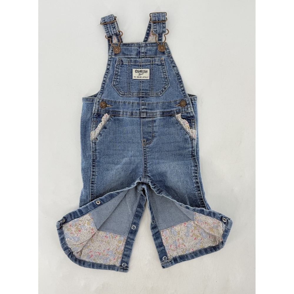 Oshkosh B'Gosh Blue Denim Overalls  Flower Trim Pockets‎ Sz 6M Classic Preppy